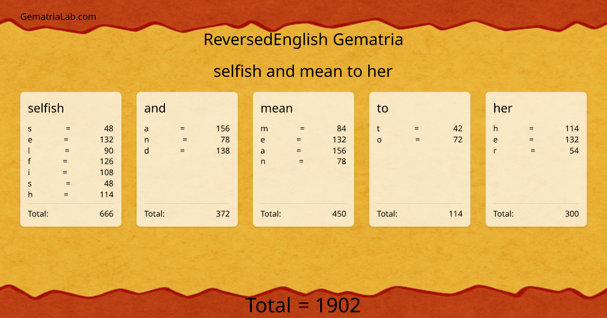 selfish and mean to her in reversedEnglish Gematria